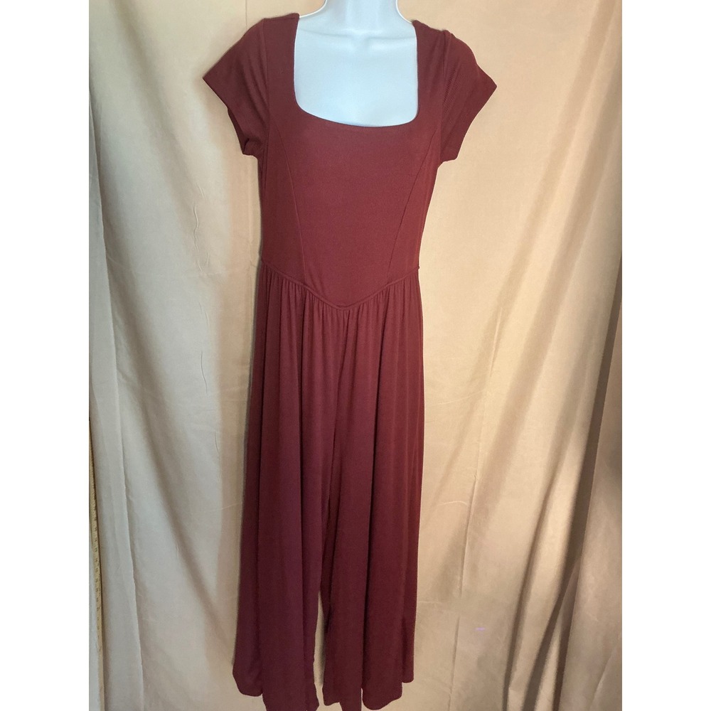 No Comment Jumpsuit Women XL Burgundy Excellent Ribbed Wide Leg Square Neck